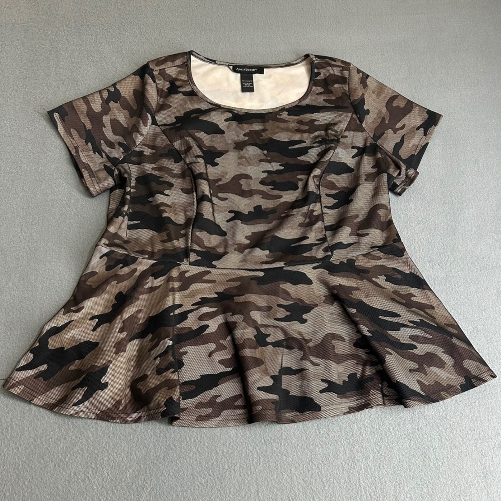 Ashley Stewart Top Womens 18/20 Camo Peplum Blouse Camouflage Short Sleeve Mesh